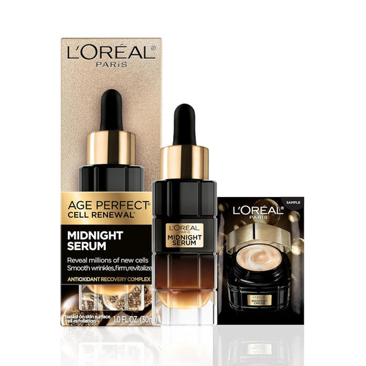 L'Oreal Paris Age Perfect Anti-Aging Midnight Face Serum, Reduce Wrinkles 1oz + Midnight Cream Sample, Packaging May Vary